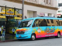 colorful Hollywood Bus Tours sightseeing vehicle in Los Angeles