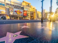 Hollywood Boulevard Walk of Fame stars at sunset in Los Angeles