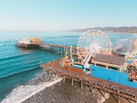 Santa Monica Pier Ferris wheel and boardwalk over the Pacific Ocean